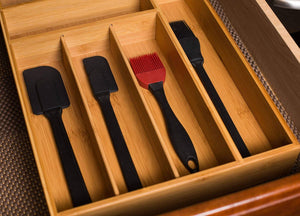 Discover the birdrock home 2 pc bamboo utility drawer organizer utensil silverware spoon knife fork 18 inch large natural wood tray adjustable kitchen organization