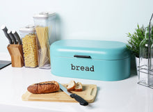 Load image into Gallery viewer, Kitchen large bread box for kitchen counter bread bin storage container with lid metal vintage retro design for loaves sliced bread pastries teal 17 x 9 x 6 inches