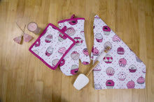 Load image into Gallery viewer, Products casa decors set of apron oven mitt pot holder pair of kitchen towels in a valentine cup cakes design made of 100 cotton eco friendly safe value pack and ideal gift set kitchen linen set