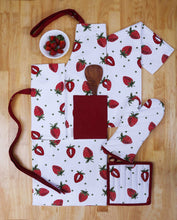 Load image into Gallery viewer, On amazon casa decors set of apron oven mitt pot holder pair of kitchen towels in a unique berry blast design made of 100 cotton eco friendly safe value pack and ideal gift set kitchen linen set