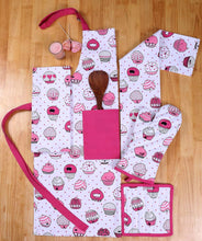 Load image into Gallery viewer, Online shopping casa decors set of apron oven mitt pot holder pair of kitchen towels in a valentine cup cakes design made of 100 cotton eco friendly safe value pack and ideal gift set kitchen linen set