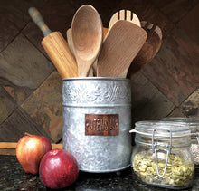 Load image into Gallery viewer, The best autumn alley farmhouse galvanized large kitchen utensil holder pretty embossing and copper label add farmhouse warmth and charm